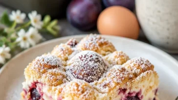 Pflaumenkuchen vom Blech mit Meringue auf einem Kuchenteller