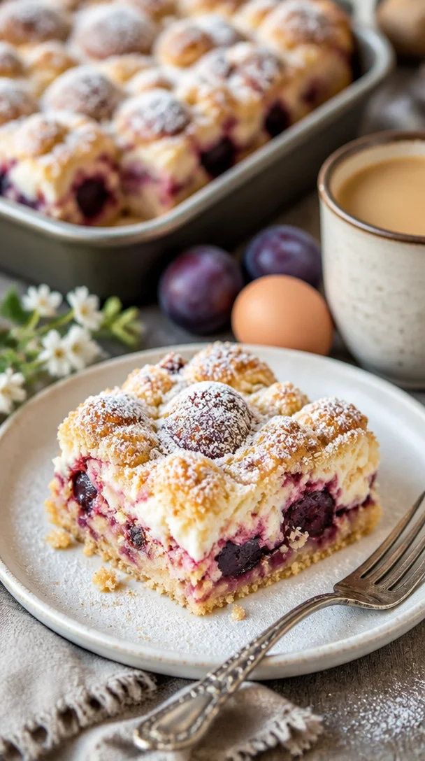 Pflaumenkuchen vom Blech mit Meringue auf einem Kuchenteller