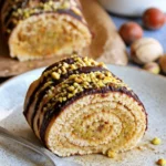 Pistazien-Marzipan-Roulade auf einem Teller mit frischen Pistazien.