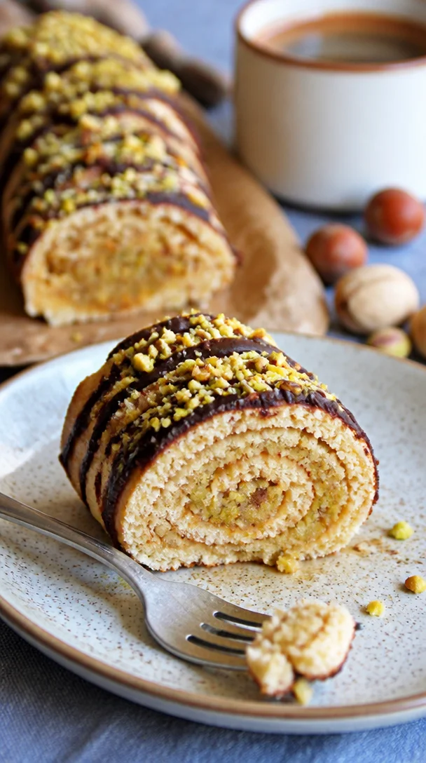 Pistazien-Marzipan-Roulade auf einem Teller mit frischen Pistazien.