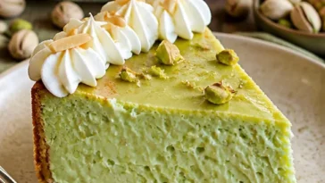 Köstlicher Pistazienkäsekuchen mit einer cremigen Konsistenz und knackigen Pistazien.