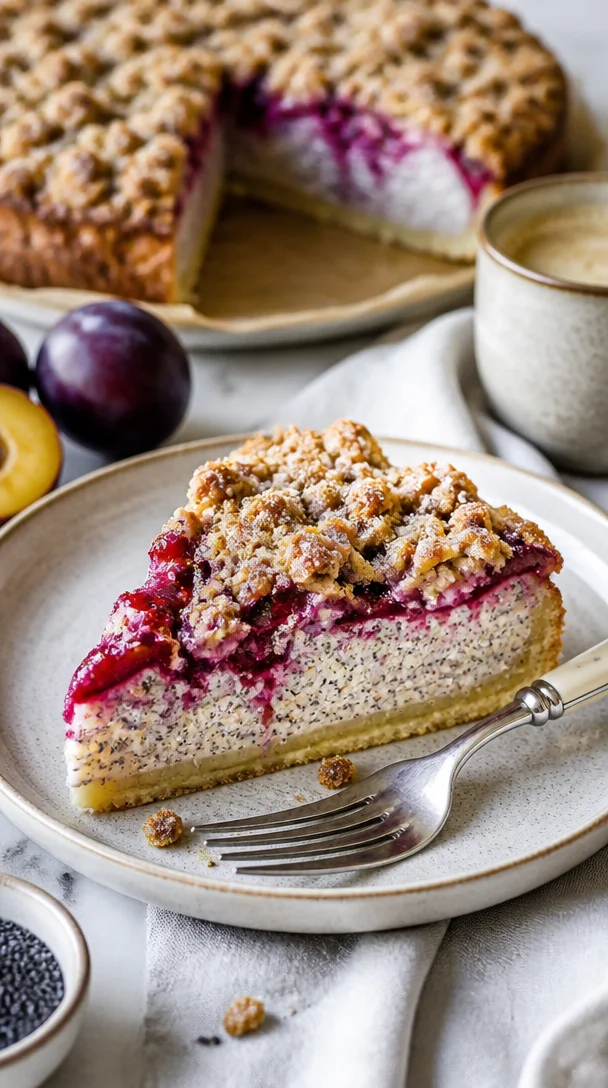 Quark-Mohn-Pflaumenkuchen mit frischen Pflaumen und Mohnbeschreibung