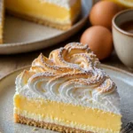 Luftiger Quark-Schneekuchen mit Pudding auf einem Teller serviert.
