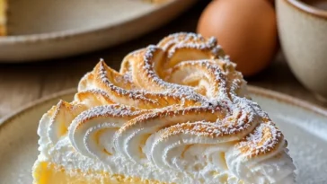 Luftiger Quark-Schneekuchen mit Pudding auf einem Teller serviert.