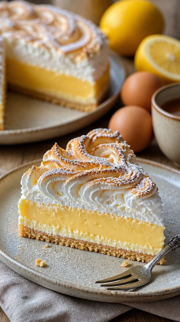 Luftiger Quark-Schneekuchen mit Pudding auf einem Teller serviert.
