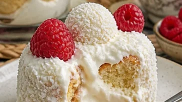 Raffaello-Dessert mit Windbeuteln und Himbeeren auf einem eleganten Teller