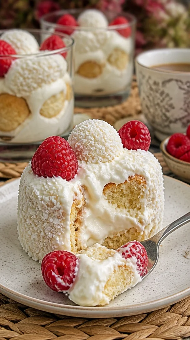 Raffaello-Dessert mit Windbeuteln und Himbeeren auf einem eleganten Teller