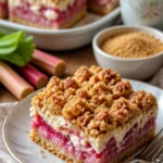 Rhabarberkuchen mit Vanillecreme und knusprigen Streuseln auf einem Teller