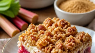 Rhabarberkuchen mit Vanillecreme und knusprigen Streuseln auf einem Teller