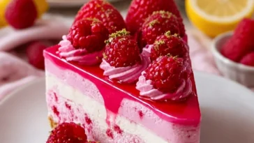 Rosa Samt Himbeer-Käsekuchen mit frischen Himbeeren und sahniger Käsekuchenfüllung