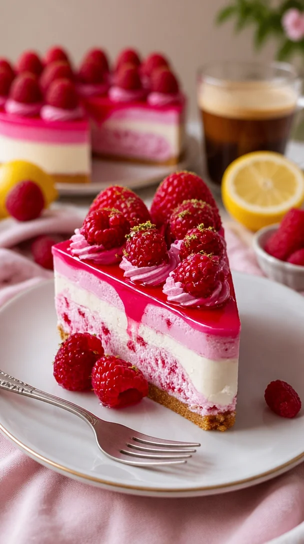 Rosa Samt Himbeer-Käsekuchen mit frischen Himbeeren und sahniger Käsekuchenfüllung