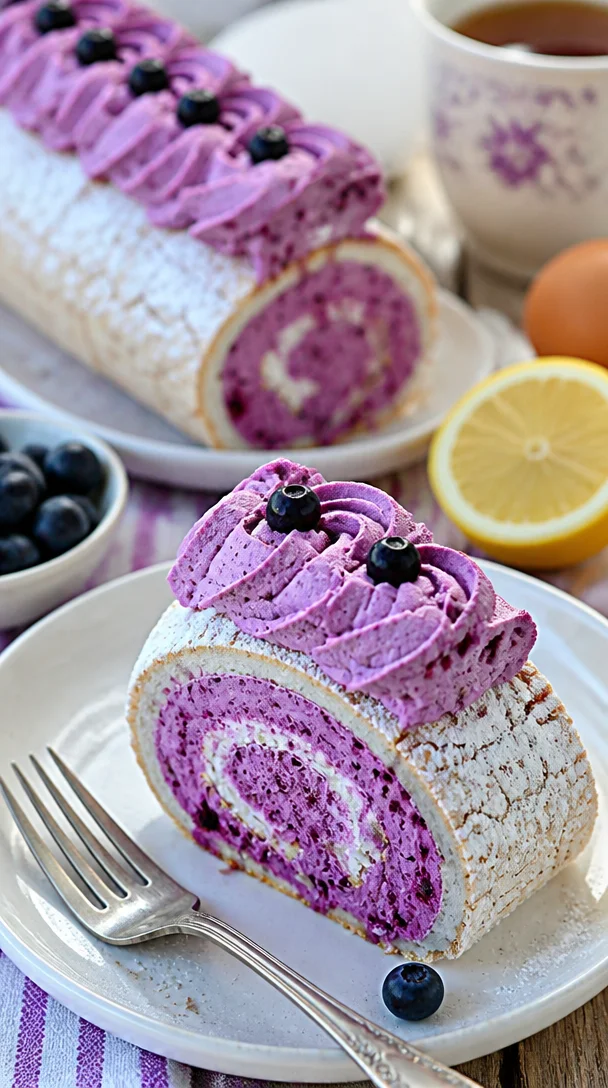 Roulade Pavlova mit Johannisbeeren und Kokos auf einem Teller serviert.