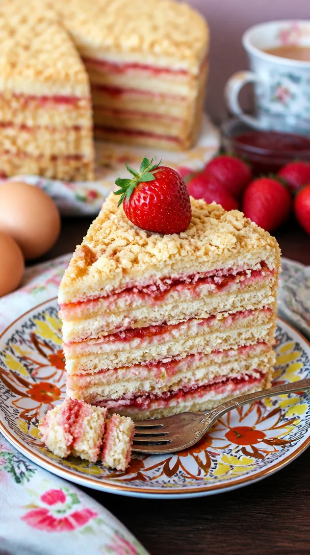 Köstliche Russische Torte Stöpka-Raströpka mit mehreren Schichten und Aromen.