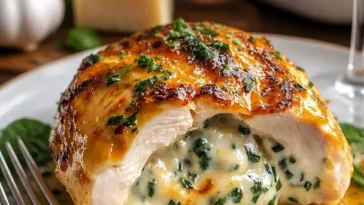 Ruth's Chris gefülltes Hähnchen auf einem eleganten Teller