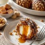 Salzige Karamell-Pretzel-Cheesecake-Bällchen auf einem Teller serviert
