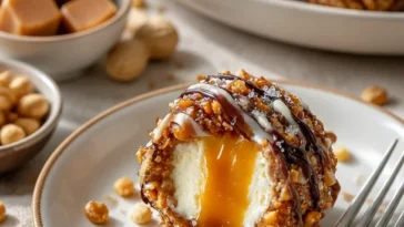 Salzige Karamell-Pretzel-Cheesecake-Bällchen auf einem Teller serviert