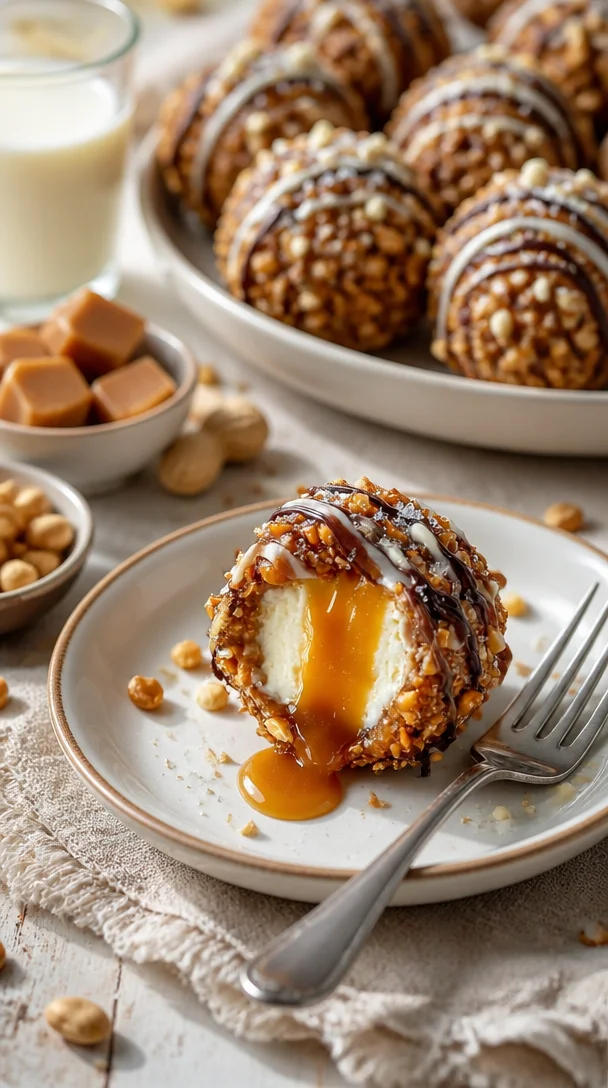 Salzige Karamell-Pretzel-Cheesecake-Bällchen auf einem Teller serviert