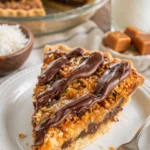 Samoa-Torte mit Schokolade, Kokosnuss und Karamell auf einem dekorativen Teller