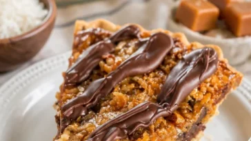 Samoa-Torte mit Schokolade, Kokosnuss und Karamell auf einem dekorativen Teller