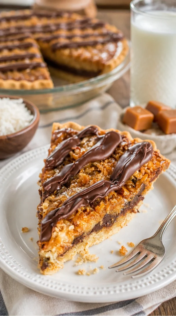 Samoa-Torte mit Schokolade, Kokosnuss und Karamell auf einem dekorativen Teller