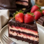 Schichtkuchen mit Schokoladenkäse und frischen Erdbeeren