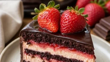Schichtkuchen mit Schokoladenkäse und frischen Erdbeeren