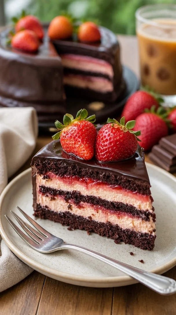 Schichtkuchen mit Schokoladenkäse und frischen Erdbeeren