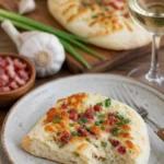 Leckere Schmand-Fladen mit Lachs und Schinken auf einem Holzbrett
