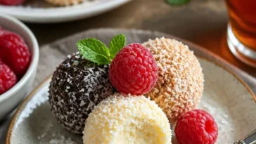 Schnelle und leckere Käsekuchen-Kugeln auf einem Teller