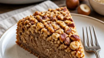 Schneller gesunder Kuchen auf einem Teller dekoriert mit frischem Obst