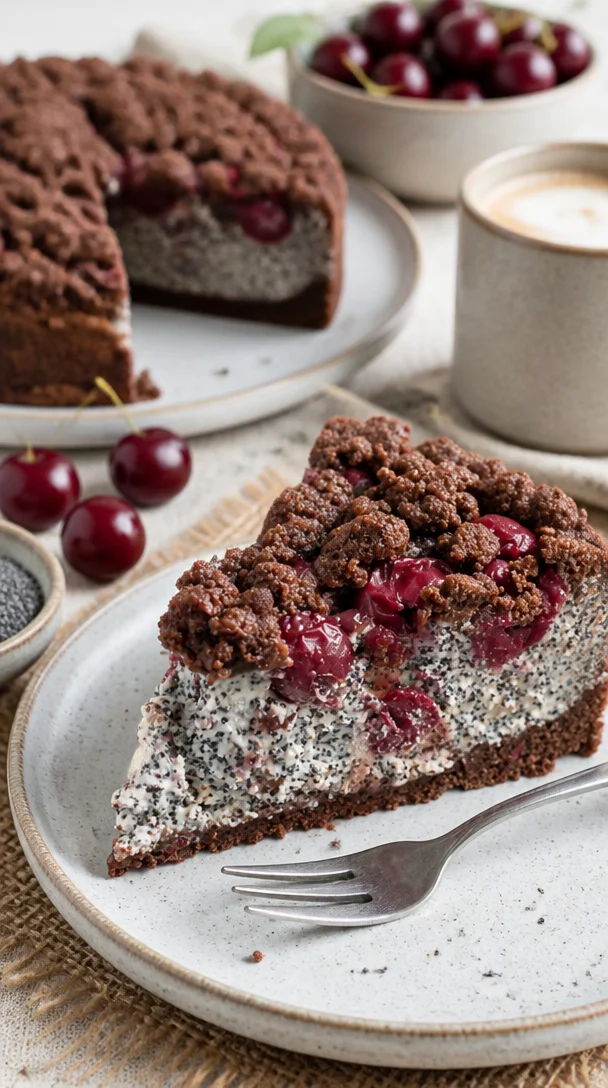 Schoko-Mohn-Kirsch-Streuselkuchen mit Streuseln und frischen Kirschen