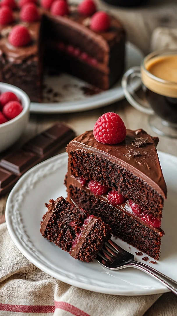 Leckerer Schokokuchen mit Himbeeren, perfekt für Schokoladenliebhaber