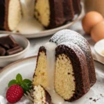 Schokoladen-Bundt-Kuchen mit cremiger Käsekuchenfüllung auf einem Teller