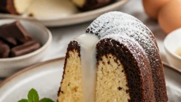 Schokoladen-Bundt-Kuchen mit cremiger Käsekuchenfüllung auf einem Teller