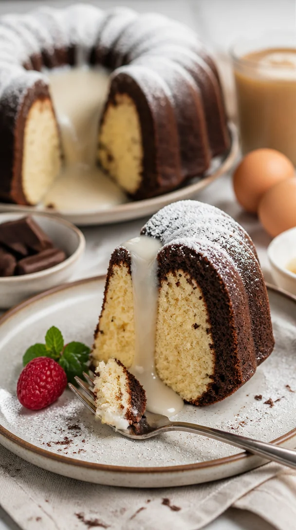 Schokoladen-Bundt-Kuchen mit cremiger Käsekuchenfüllung auf einem Teller