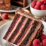 Schokoladen-Himbeer-Kuchen mit frischen Himbeeren auf einem Teller
