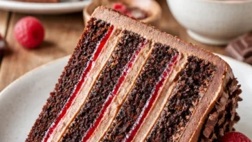 Schokoladen-Himbeer-Kuchen mit frischen Himbeeren auf einem Teller