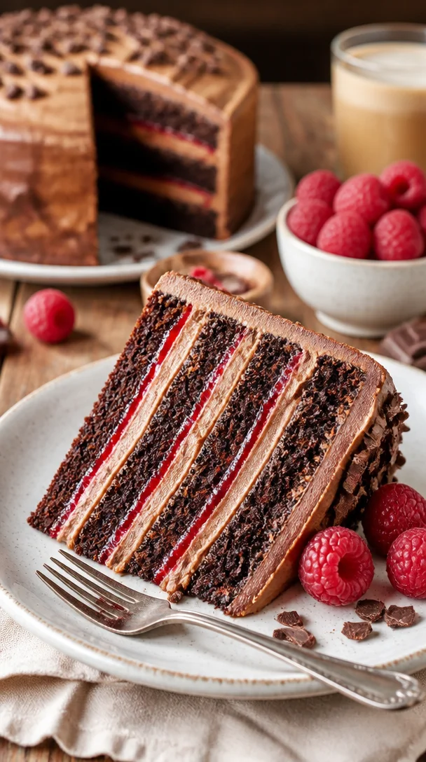 Schokoladen-Himbeer-Kuchen mit frischen Himbeeren auf einem Teller