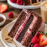 Veganer Schokoladen-Himbeer-Kuchen auf einem Teller mit frischen Himbeeren