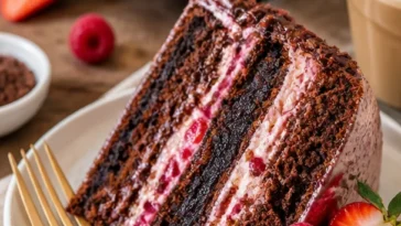 Veganer Schokoladen-Himbeer-Kuchen auf einem Teller mit frischen Himbeeren
