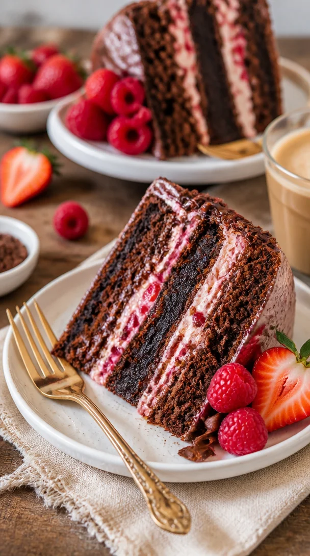 Veganer Schokoladen-Himbeer-Kuchen auf einem Teller mit frischen Himbeeren