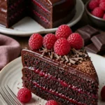 Schokoladen-Himbeertorte mit frischen Himbeeren und Schokoladenglasur