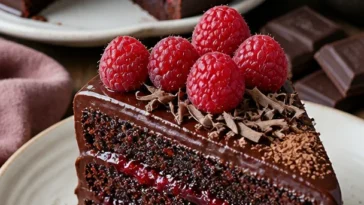 Schokoladen-Himbeertorte mit frischen Himbeeren und Schokoladenglasur