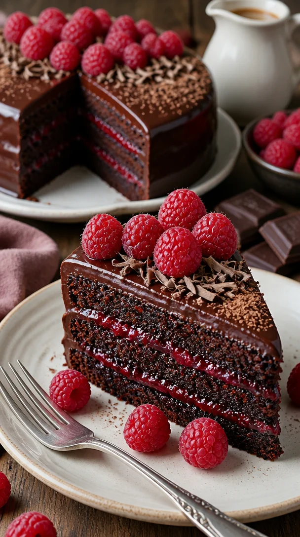 Schokoladen-Himbeertorte mit frischen Himbeeren und Schokoladenglasur