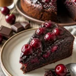 Schokoladen-Kirsch-Kuchen mit Karamell-Topping auf einem Teller serviert