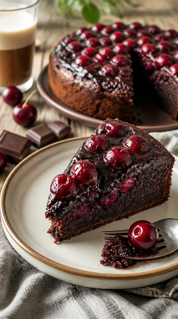 Schokoladen-Kirsch-Kuchen mit Karamell-Topping auf einem Teller serviert