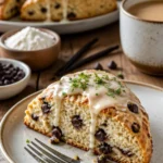 Schokoladenstückchen-Scones mit Vanille-Glasur auf einem Teller