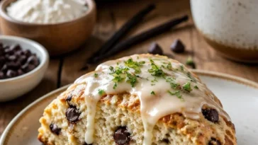 Schokoladenstückchen-Scones mit Vanille-Glasur auf einem Teller