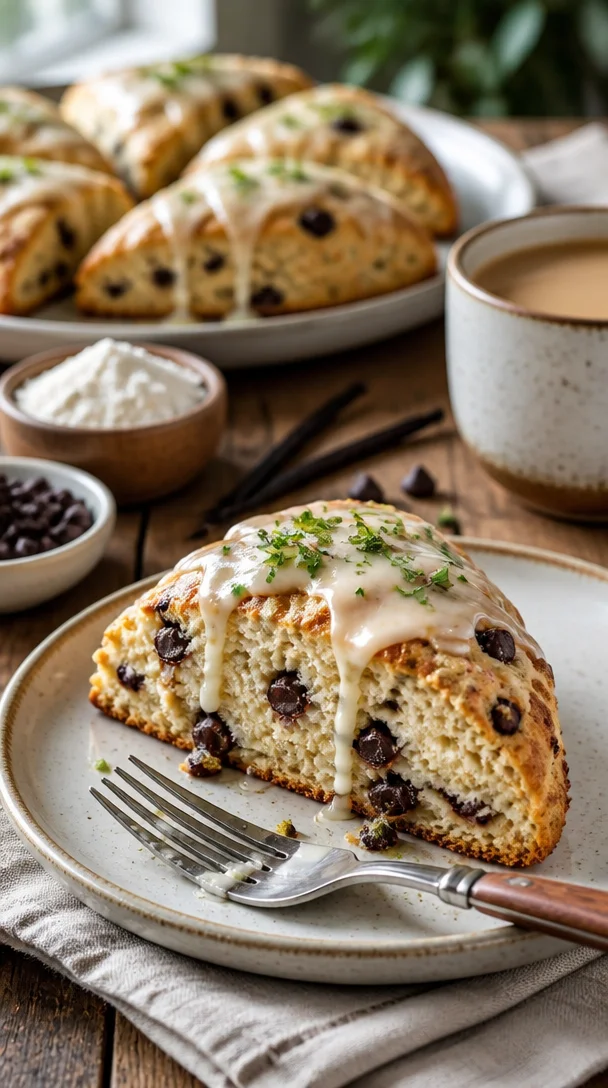Schokoladenstückchen-Scones mit Vanille-Glasur auf einem Teller