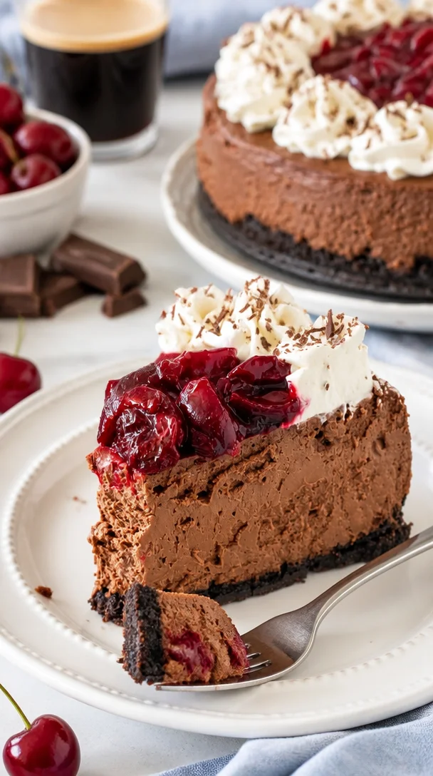 Schwarzwälder Käsekuchen mit Schokoladenglasur und Kirschen dekoriert